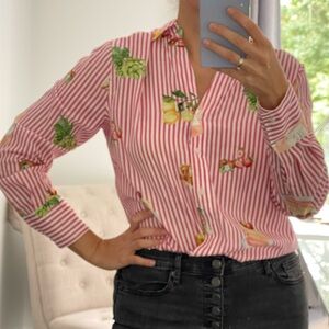 New! 100% cotton Striped Pink Women's Long Sleeve Shirt with Fruit/Wine Print S
